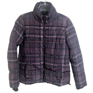 Maurices Plaid Puffer Coat Winter Jacket Medium Maroon Preppy Academia Chic
